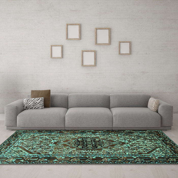 Machine Washable Persian Turquoise Traditional Area Rugs in a Living Room,, wshtr2330turq
