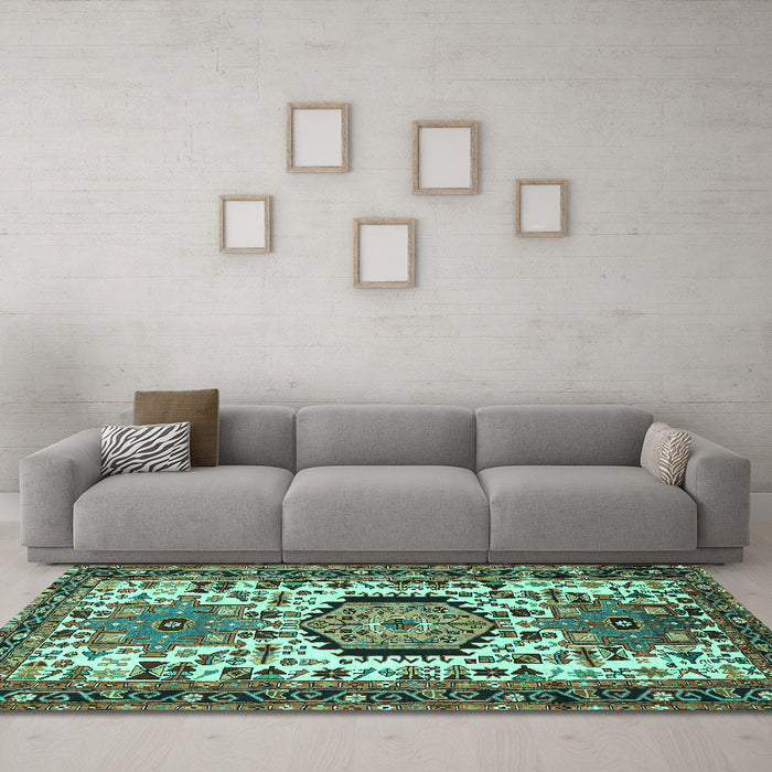Machine Washable Persian Turquoise Traditional Area Rugs in a Living Room,, wshtr2331turq