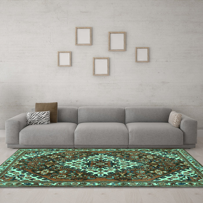 Machine Washable Persian Turquoise Traditional Area Rugs in a Living Room,, wshtr2332turq