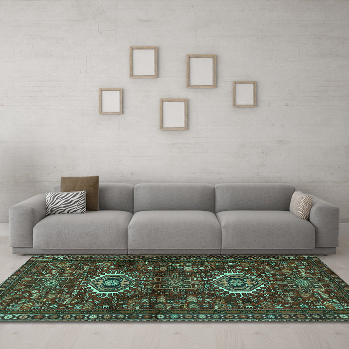 Machine Washable Persian Turquoise Traditional Area Rugs in a Living Room,, wshtr2334turq