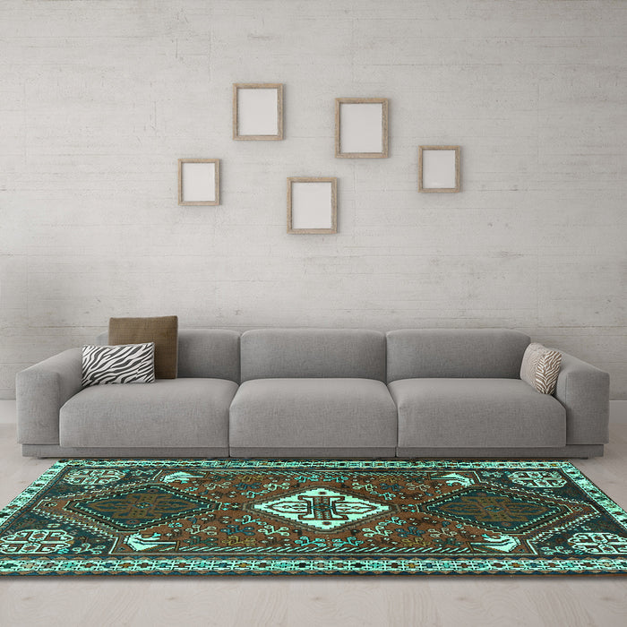 Machine Washable Persian Turquoise Traditional Area Rugs in a Living Room,, wshtr2336turq