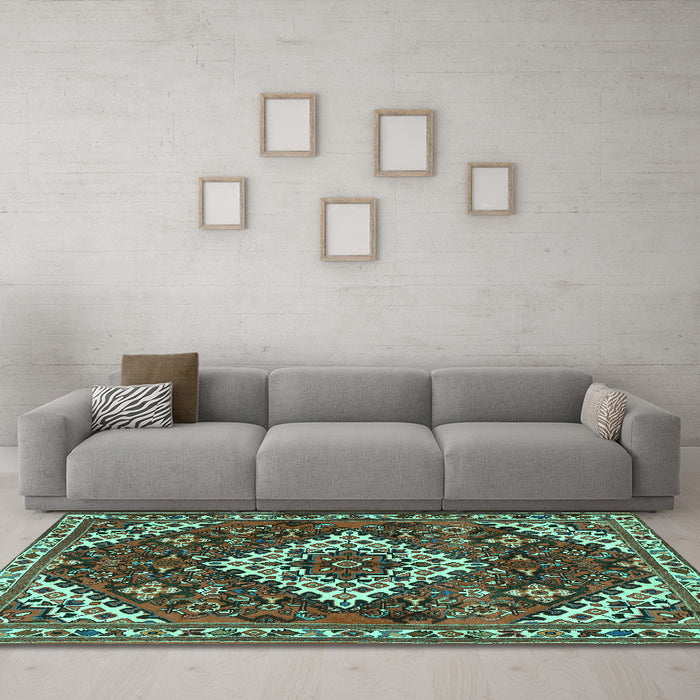 Machine Washable Persian Turquoise Traditional Area Rugs in a Living Room,, wshtr2337turq
