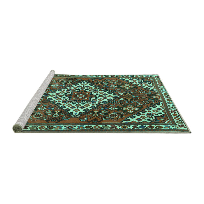 Sideview of Machine Washable Persian Turquoise Traditional Area Rugs, wshtr2337turq