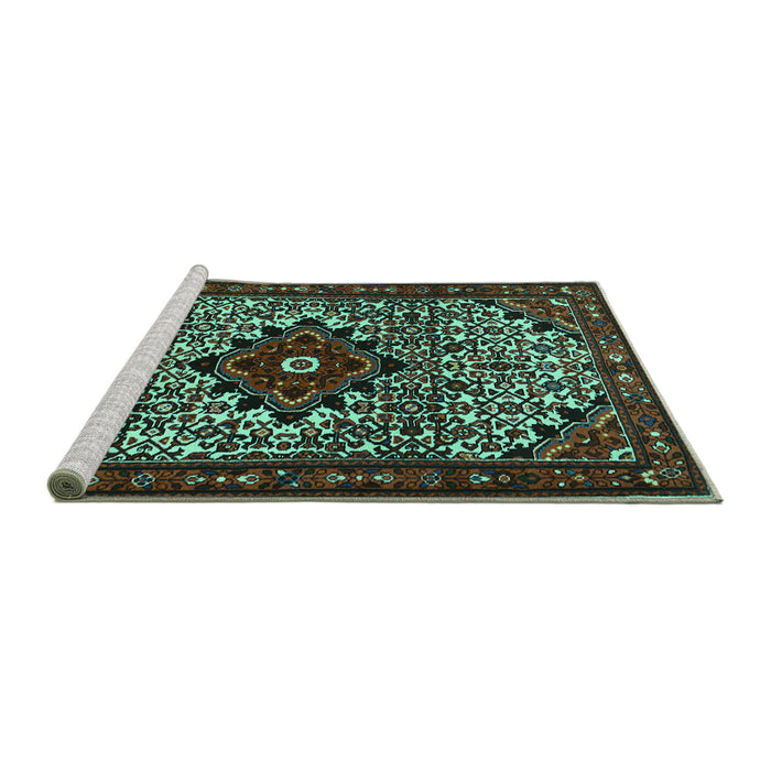 Sideview of Machine Washable Persian Turquoise Traditional Area Rugs, wshtr2338turq