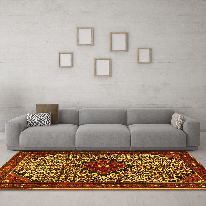 Machine Washable Persian Yellow Traditional Rug in a Living Room, wshtr2338yw
