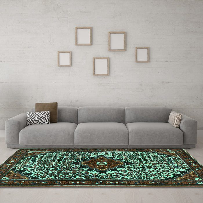 Machine Washable Persian Turquoise Traditional Area Rugs in a Living Room,, wshtr2338turq