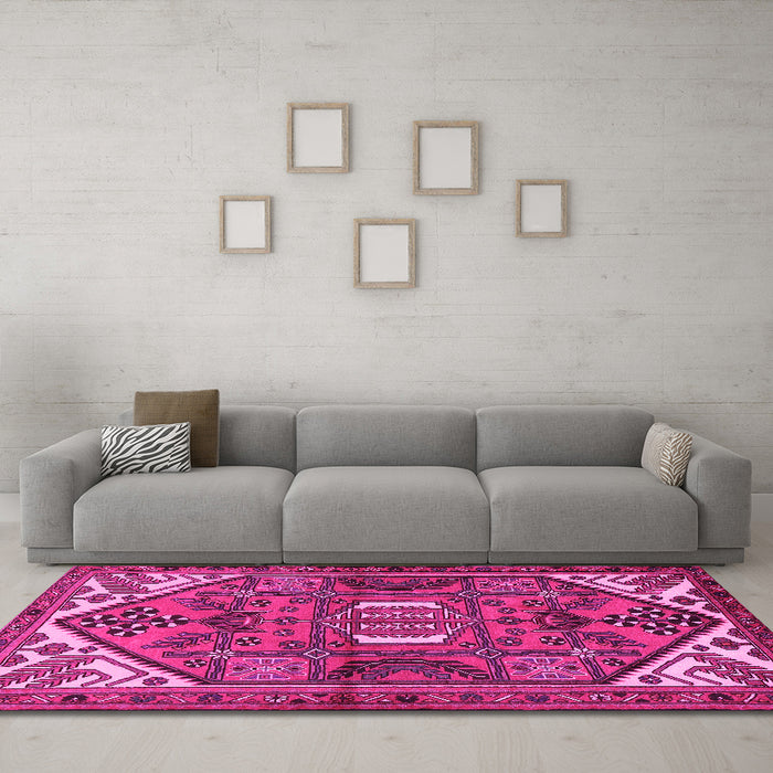 Machine Washable Persian Pink Traditional Rug in a Living Room, wshtr2339pnk