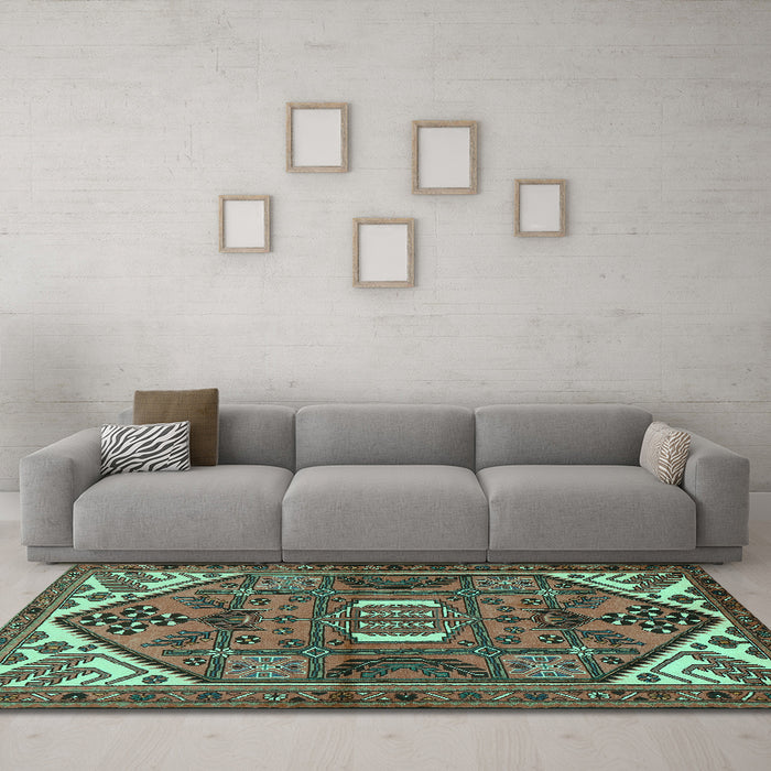 Machine Washable Persian Turquoise Traditional Area Rugs in a Living Room,, wshtr2339turq
