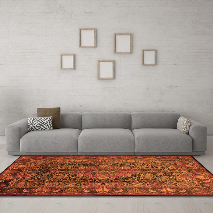 Machine Washable Medallion Orange Traditional Area Rugs in a Living Room, wshtr233org