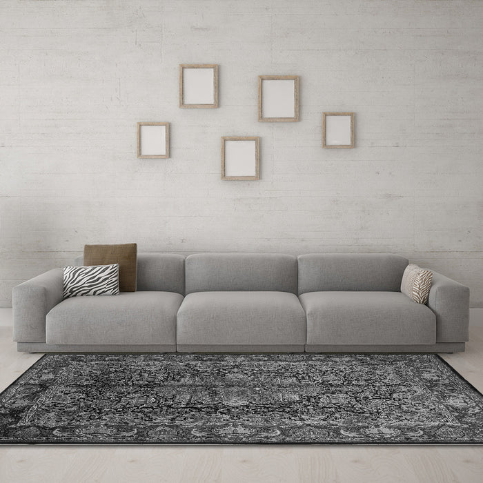 Machine Washable Medallion Gray Traditional Rug in a Living Room,, wshtr233gry