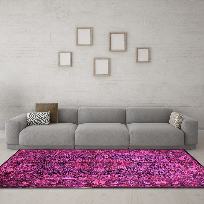Machine Washable Medallion Pink Traditional Rug in a Living Room, wshtr233pnk