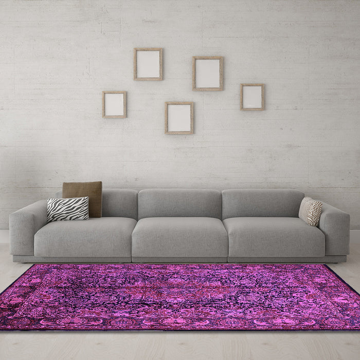 Machine Washable Medallion Purple Traditional Area Rugs in a Living Room, wshtr233pur