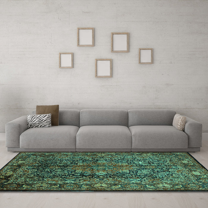 Machine Washable Medallion Turquoise Traditional Area Rugs in a Living Room,, wshtr233turq