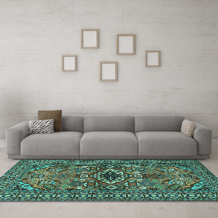 Machine Washable Persian Turquoise Traditional Area Rugs in a Living Room,, wshtr2340turq