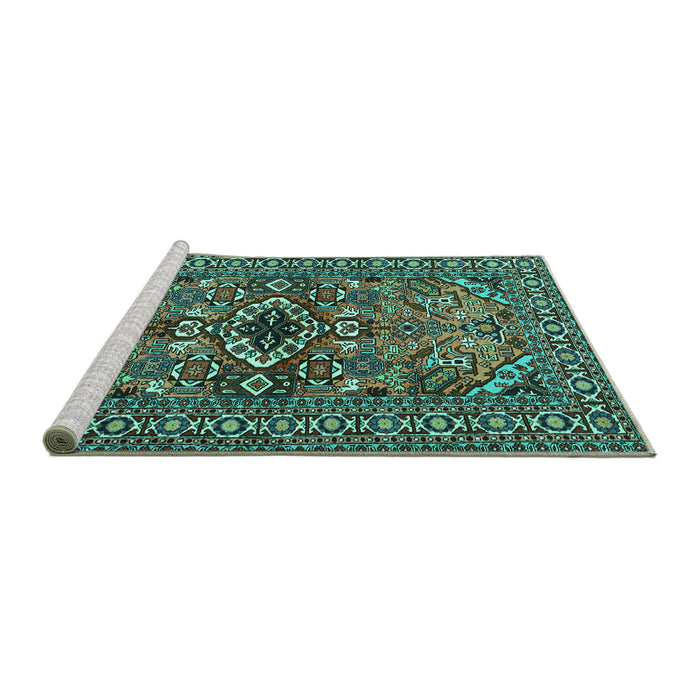 Sideview of Machine Washable Persian Turquoise Traditional Area Rugs, wshtr2340turq