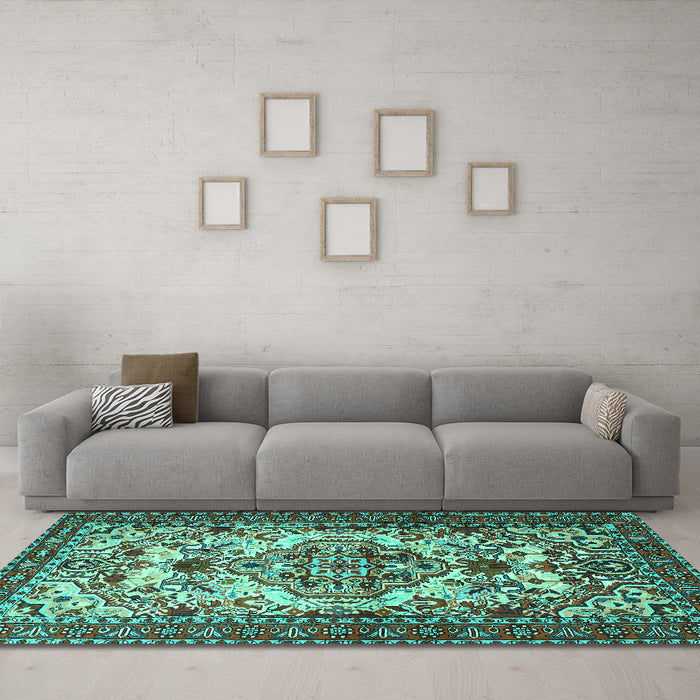 Machine Washable Persian Turquoise Traditional Area Rugs in a Living Room,, wshtr2341turq