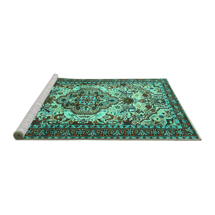 Sideview of Machine Washable Persian Turquoise Traditional Area Rugs, wshtr2341turq