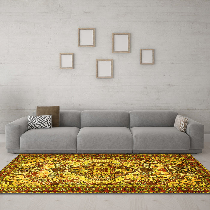 Machine Washable Persian Yellow Traditional Rug in a Living Room, wshtr2341yw