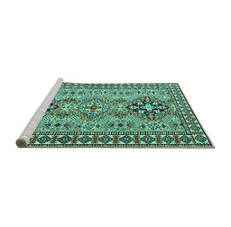 Sideview of Machine Washable Persian Turquoise Traditional Area Rugs, wshtr2342turq