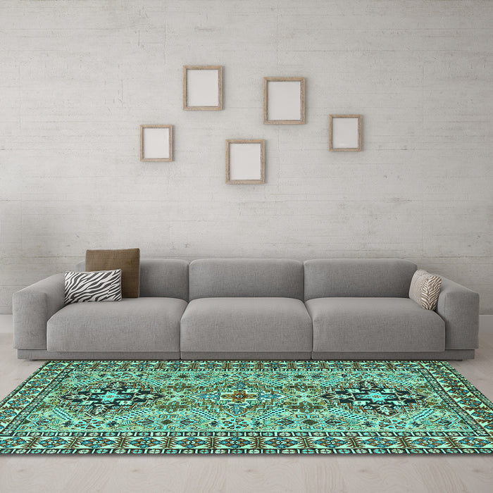 Machine Washable Persian Turquoise Traditional Area Rugs in a Living Room,, wshtr2342turq