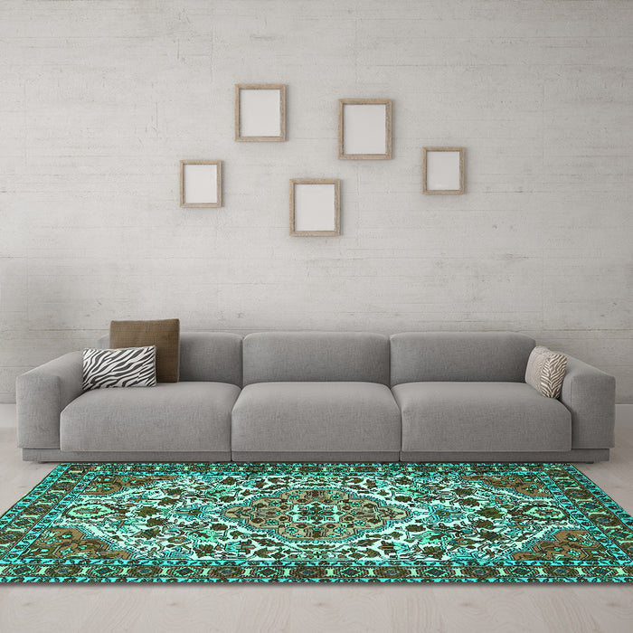 Machine Washable Persian Turquoise Traditional Area Rugs in a Living Room,, wshtr2343turq