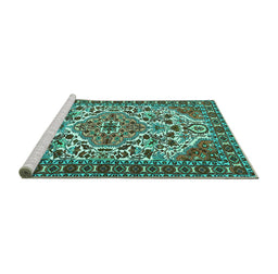 Sideview of Machine Washable Persian Turquoise Traditional Area Rugs, wshtr2343turq