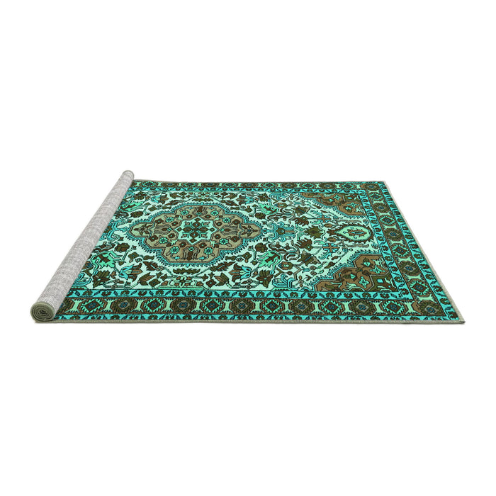Sideview of Machine Washable Persian Turquoise Traditional Area Rugs, wshtr2343turq