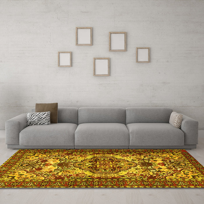 Machine Washable Persian Yellow Traditional Rug in a Living Room, wshtr2344yw
