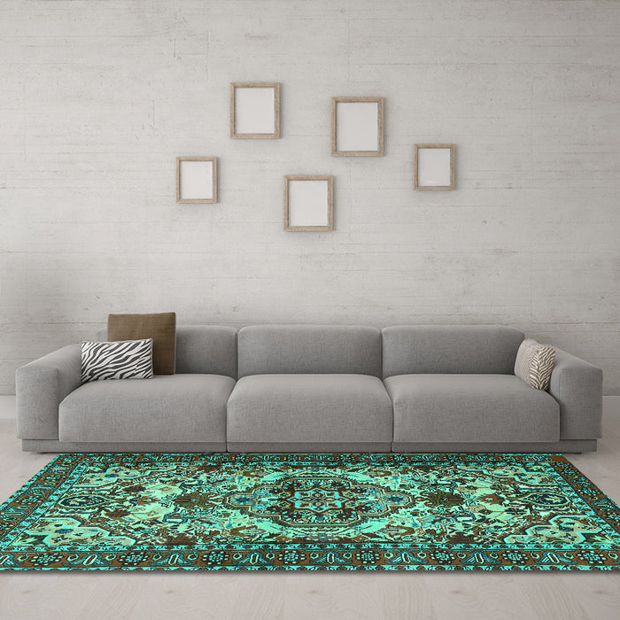 Machine Washable Persian Turquoise Traditional Area Rugs in a Living Room,, wshtr2344turq