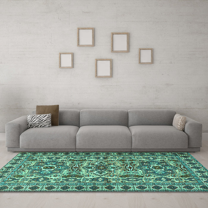 Machine Washable Persian Turquoise Traditional Area Rugs in a Living Room,, wshtr2346turq