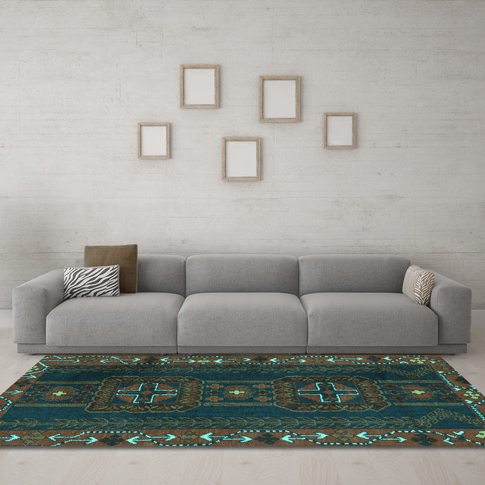 Machine Washable Persian Turquoise Traditional Area Rugs in a Living Room,, wshtr2347turq