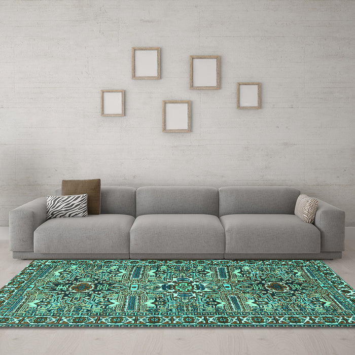 Machine Washable Persian Turquoise Traditional Area Rugs in a Living Room,, wshtr2349turq