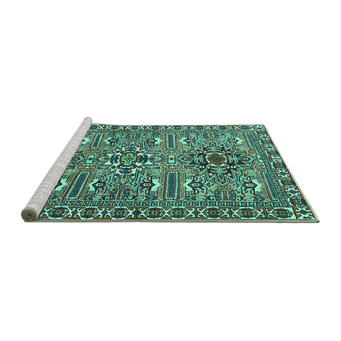 Sideview of Machine Washable Persian Turquoise Traditional Area Rugs, wshtr2349turq