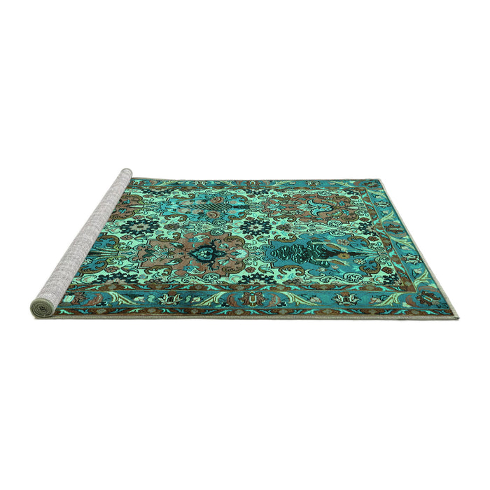 Sideview of Machine Washable Persian Turquoise Traditional Area Rugs, wshtr2350turq