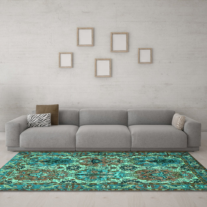 Machine Washable Persian Turquoise Traditional Area Rugs in a Living Room,, wshtr2350turq