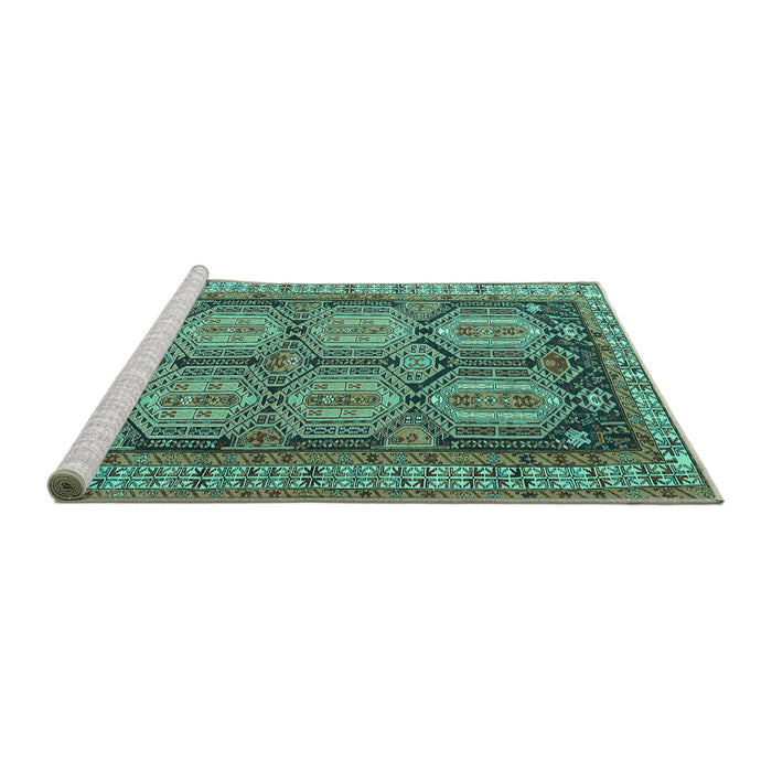 Sideview of Machine Washable Persian Turquoise Traditional Area Rugs, wshtr2351turq
