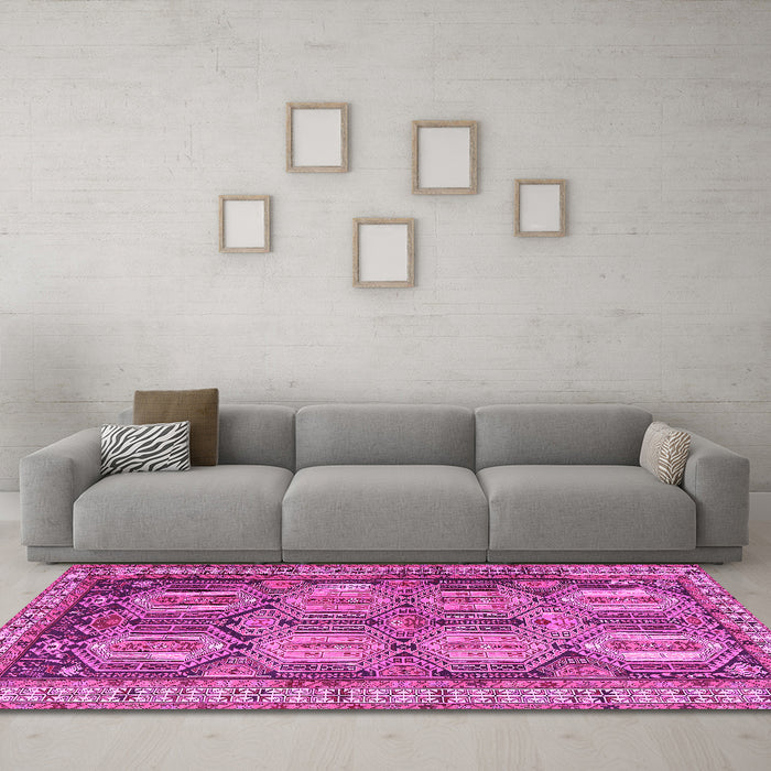 Machine Washable Persian Pink Traditional Rug in a Living Room, wshtr2351pnk