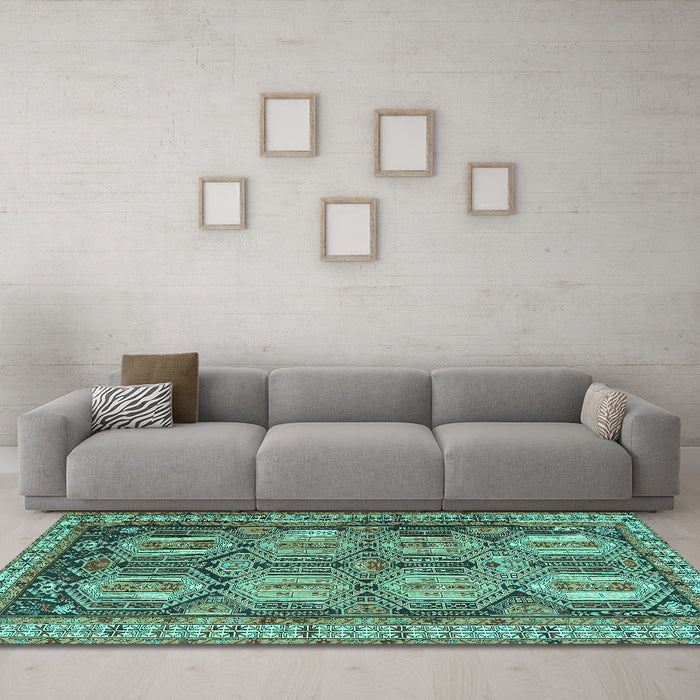 Machine Washable Persian Turquoise Traditional Area Rugs in a Living Room,, wshtr2351turq