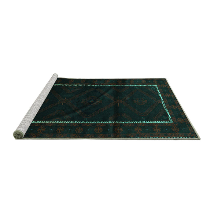 Sideview of Machine Washable Persian Turquoise Traditional Area Rugs, wshtr2354turq