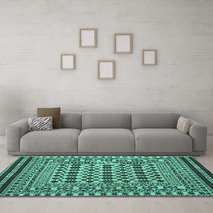 Machine Washable Persian Turquoise Traditional Area Rugs in a Living Room,, wshtr2355turq