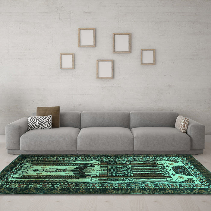 Machine Washable Persian Turquoise Traditional Area Rugs in a Living Room,, wshtr2357turq