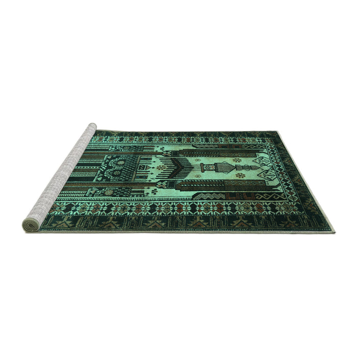Sideview of Machine Washable Persian Turquoise Traditional Area Rugs, wshtr2357turq