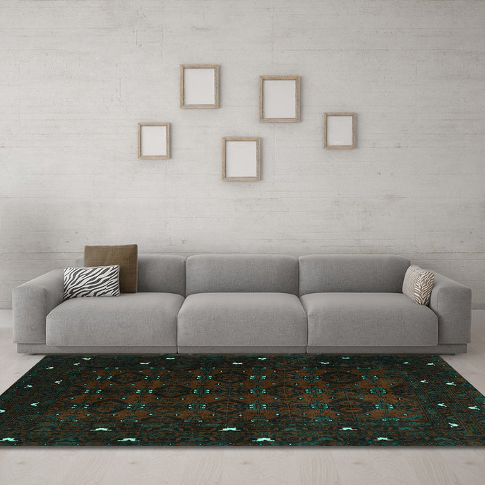 Machine Washable Persian Turquoise Traditional Area Rugs in a Living Room,, wshtr2358turq