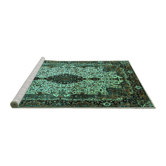 Sideview of Machine Washable Medallion Turquoise Traditional Area Rugs, wshtr235turq