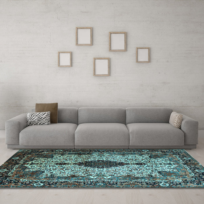 Machine Washable Medallion Light Blue Traditional Rug in a Living Room, wshtr235lblu