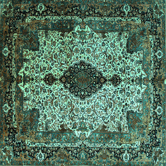 Square Machine Washable Medallion Turquoise Traditional Area Rugs, wshtr235turq