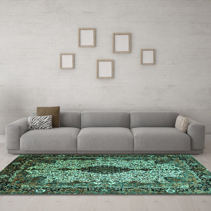Machine Washable Medallion Turquoise Traditional Area Rugs in a Living Room,, wshtr235turq