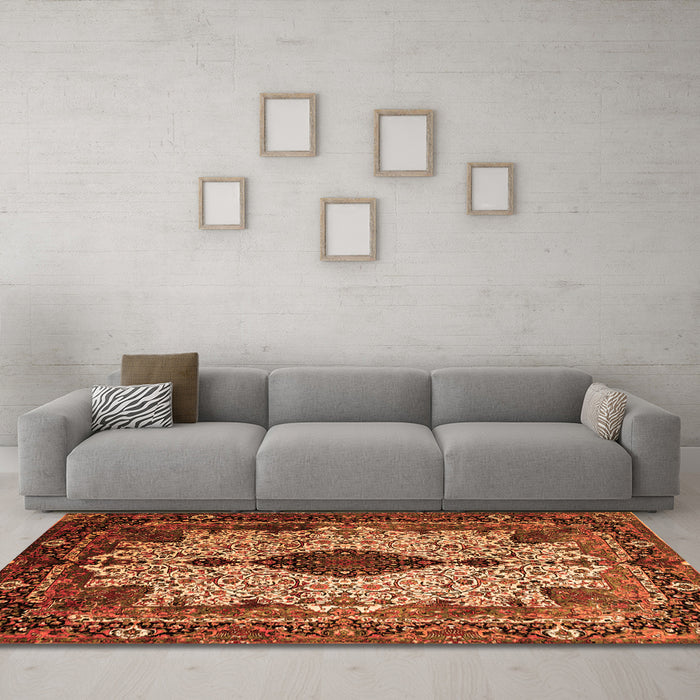 Machine Washable Medallion Orange Traditional Area Rugs in a Living Room, wshtr235org