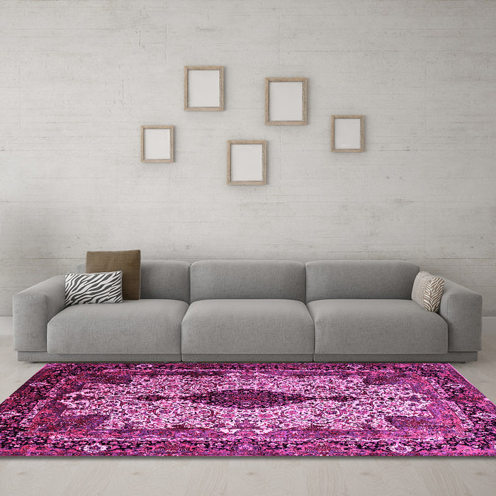 Machine Washable Medallion Pink Traditional Rug in a Living Room, wshtr235pnk