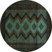 Round Machine Washable Southwestern Turquoise Country Area Rugs, wshtr2360turq